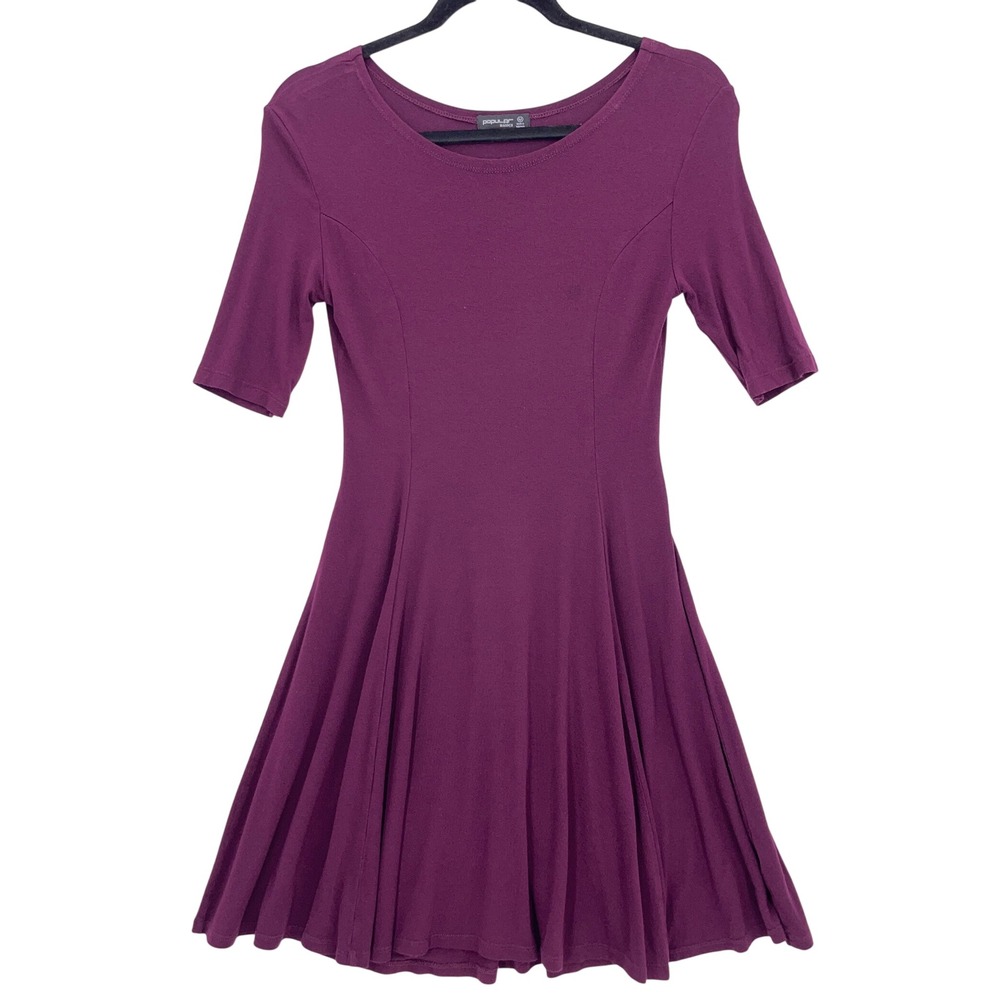 Popular Basics Purple Skater Dress M Short Sleeve Fit and Flare Scoop Neck